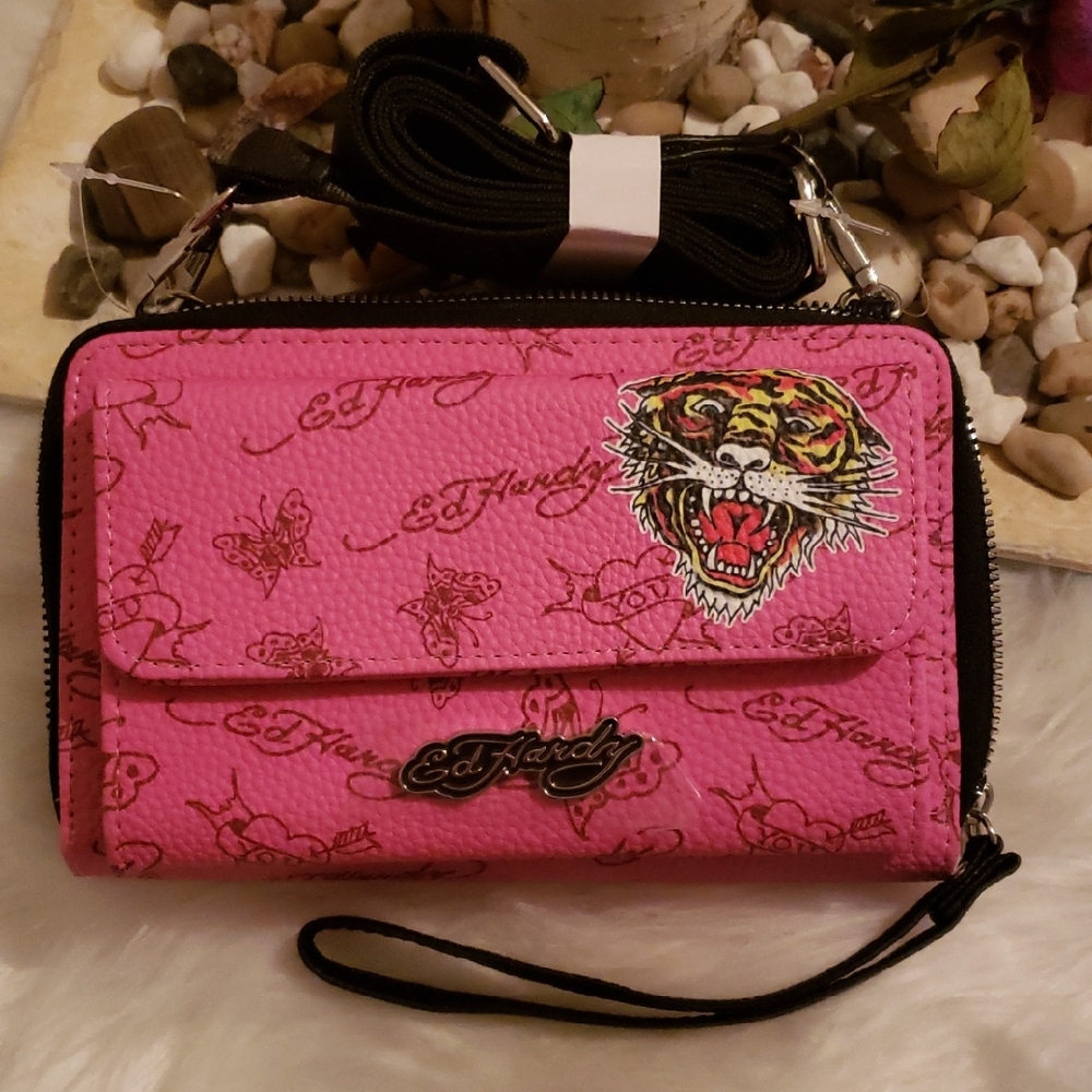 🧿 Ed Hardy Pink Double Zip Crossbody with Detachable Straps